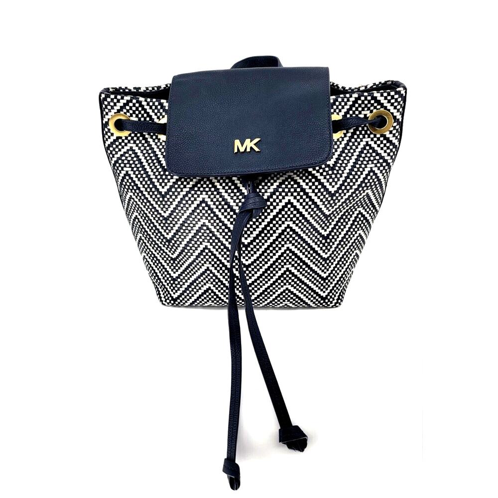 Michael Kors Junie Medium Drawstring Backpack Navy White Chevron Woven Leather